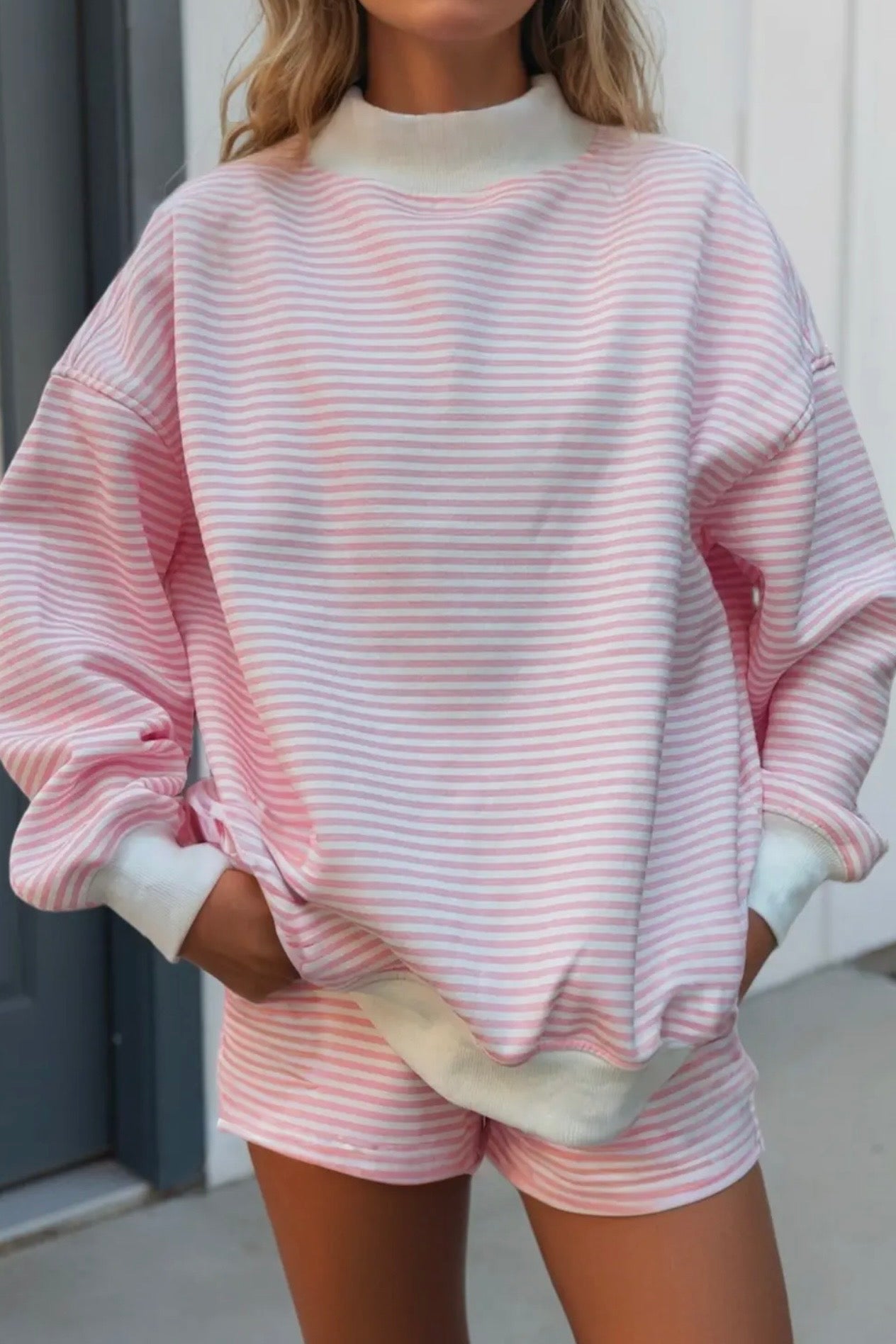 STRIPED MOCK NECK & SHORTS SET