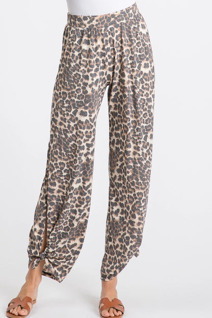 LEOPARD SPLIT SIDE TIE ANKLE ELASTIC PANTS