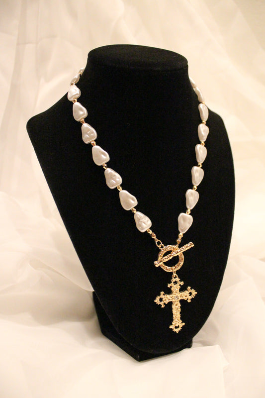 PEARL BEAD CROSS NECKLACE
