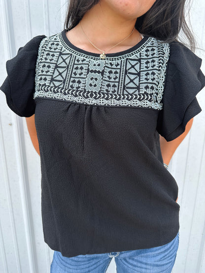 EMBROIDERED RUFFLE TOP