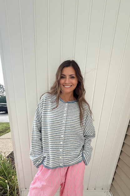 DUSTY BLUE STRIPED CARDIGAN