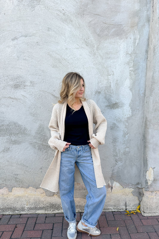 TAN & WHITE PRINT CARDIGAN