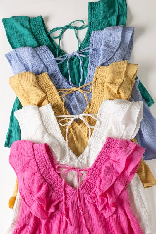 SMOCKED RUFFLE SLEEVE TOP