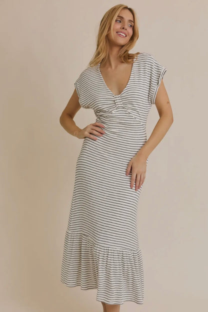 V-NECK SHORT SLEEVE STRIPED DRESS