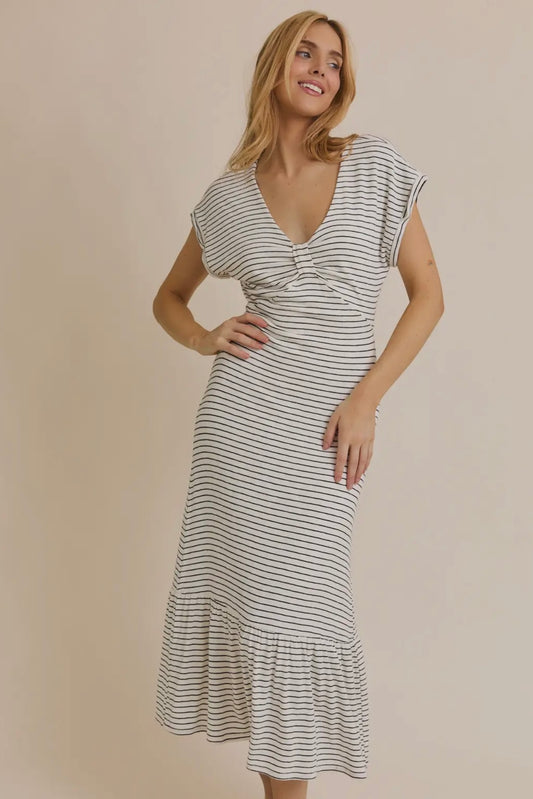 V-NECK SHORT SLEEVE STRIPED DRESS