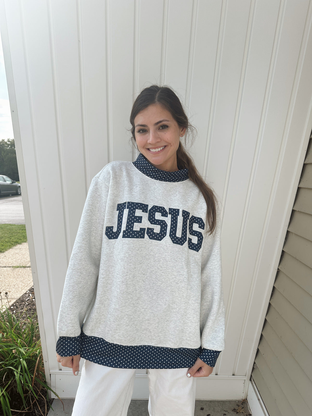 "JESUS" POLKA DOT MOCK NECK SWEATSHIRT