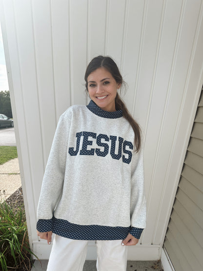"JESUS" POLKA DOT MOCK NECK SWEATSHIRT