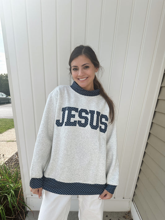 "JESUS" POLKA DOT MOCK NECK SWEATSHIRT