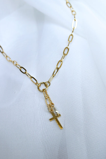 CROSS & PEARL CHARM NECKLACE