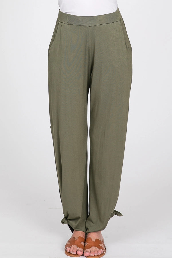 SPLIT SIDE TIE ANKLE ELASTIC PANTS