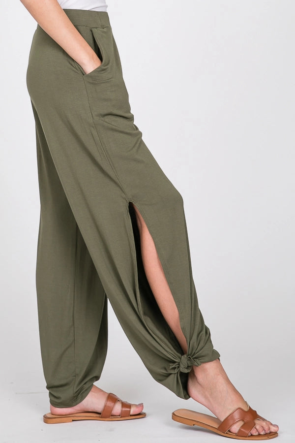 SPLIT SIDE TIE ANKLE ELASTIC PANTS