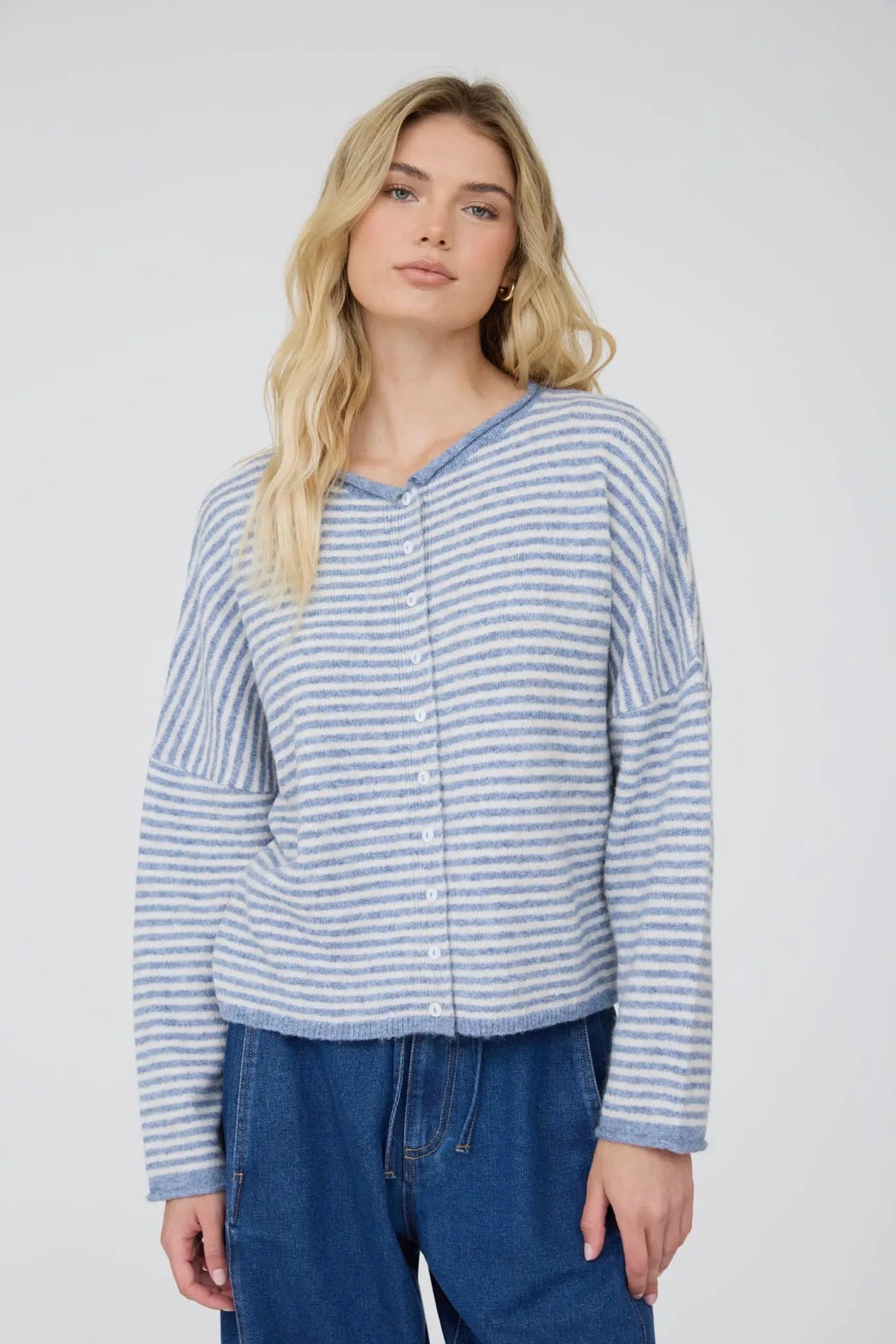 DUSTY BLUE STRIPED CARDIGAN