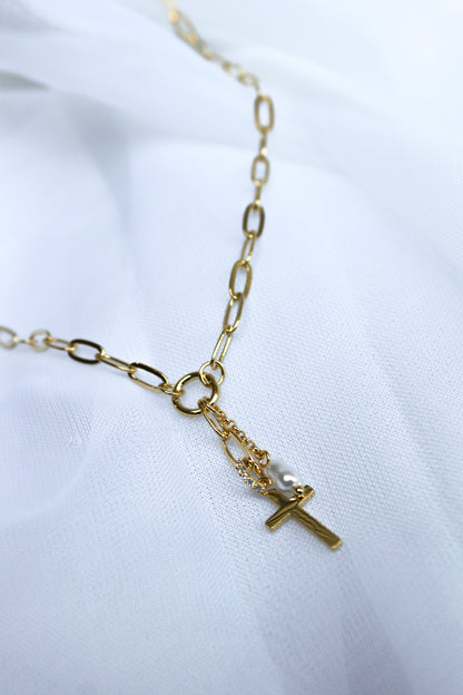 CROSS & PEARL CHARM NECKLACE