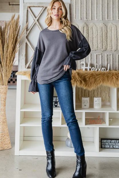 GRAY BISHOP SLEEVE TOP