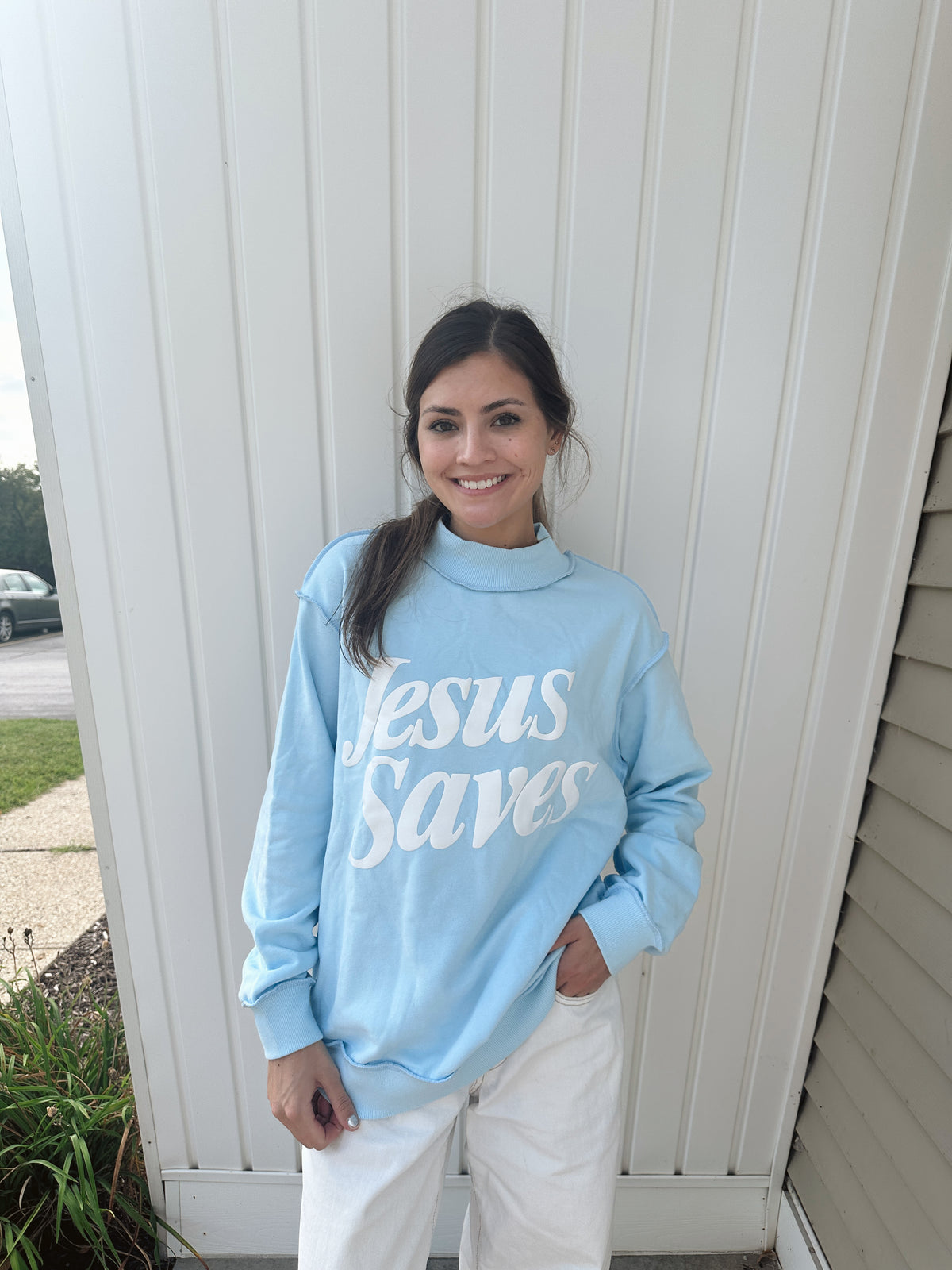 "JESUS SAVES" BLUE MOCK NECK SWEATSHIRT