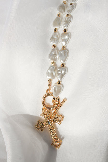 PEARL BEAD CROSS NECKLACE