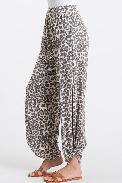 LEOPARD SPLIT SIDE TIE ANKLE ELASTIC PANTS
