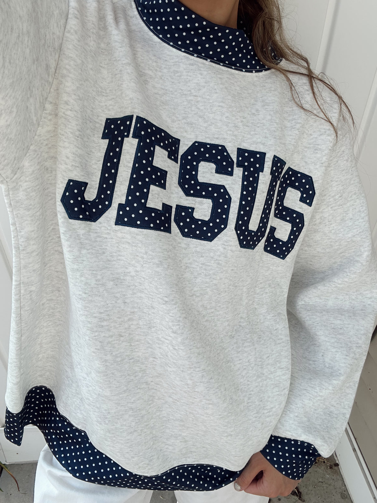 "JESUS" POLKA DOT MOCK NECK SWEATSHIRT