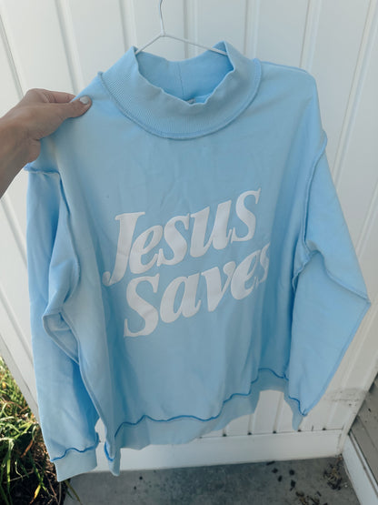 "JESUS SAVES" BLUE MOCK NECK SWEATSHIRT
