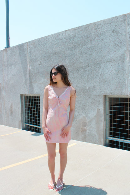 LACE TRIM DETAIL V-NECK FRONT TIE SLEEVELESS DRESS