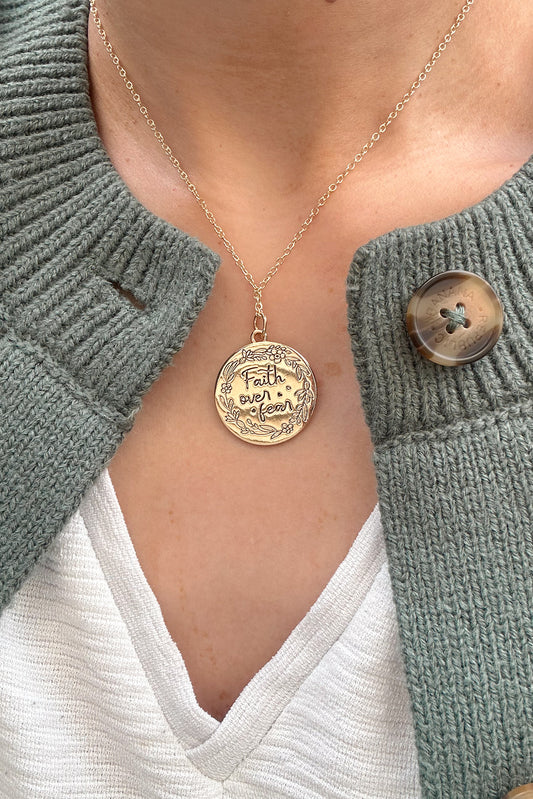 “FAITH OVER FEAR” GOLD PENDANT NECKLACE
