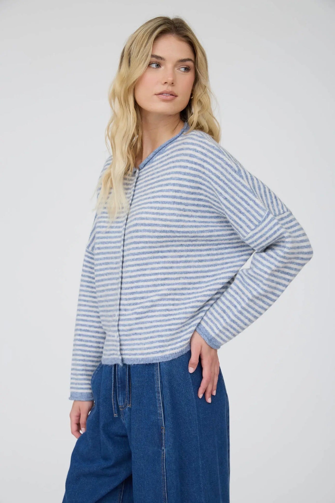DUSTY BLUE STRIPED CARDIGAN