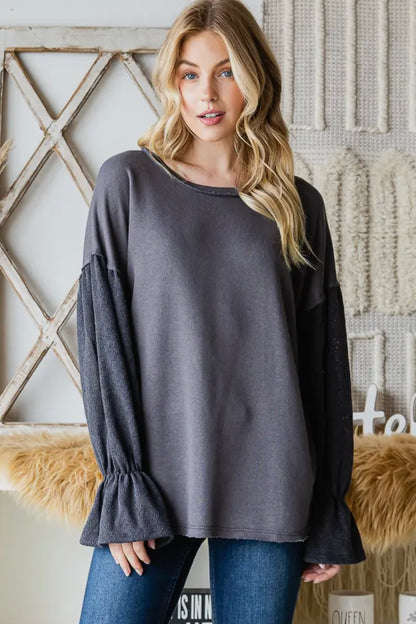 GRAY BISHOP SLEEVE TOP