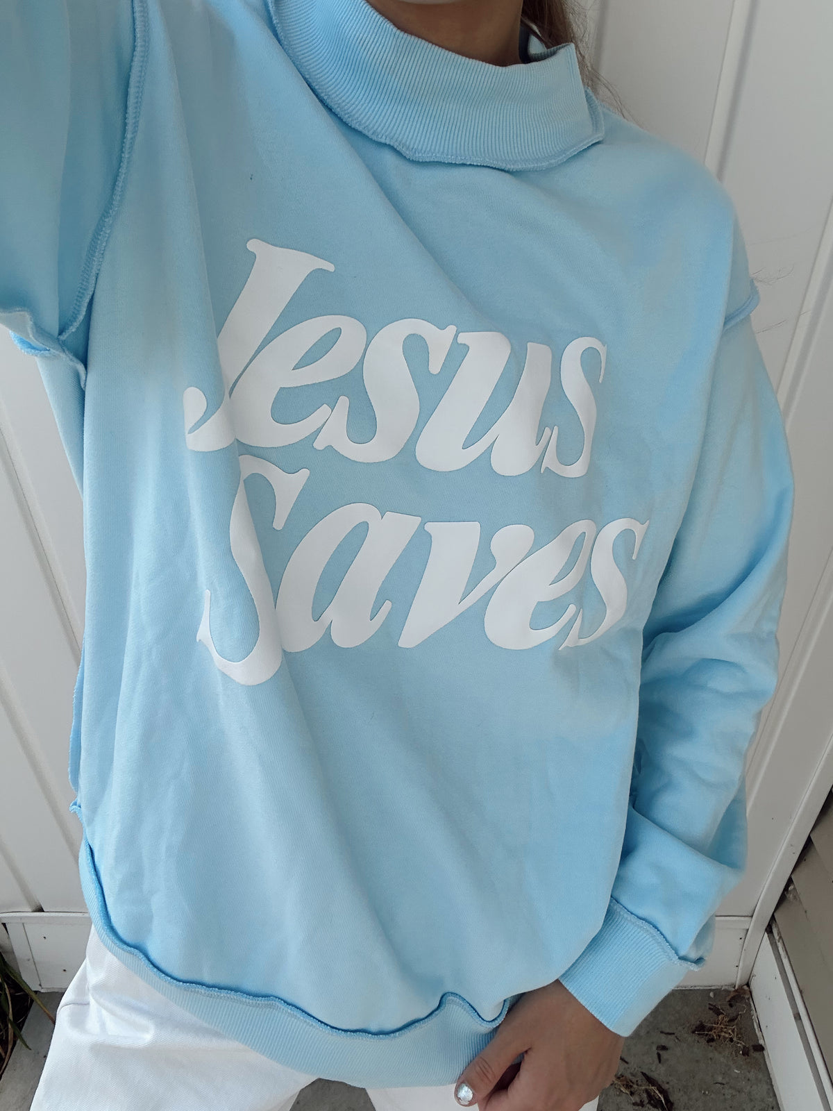 "JESUS SAVES" BLUE MOCK NECK SWEATSHIRT