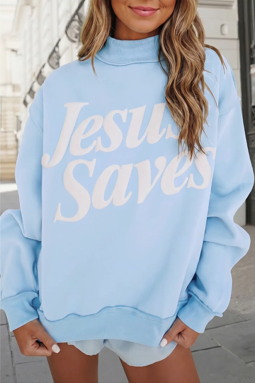 "JESUS SAVES" BLUE MOCK NECK SWEATSHIRT