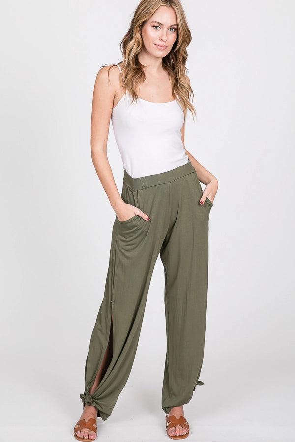 SPLIT SIDE TIE ANKLE ELASTIC PANTS